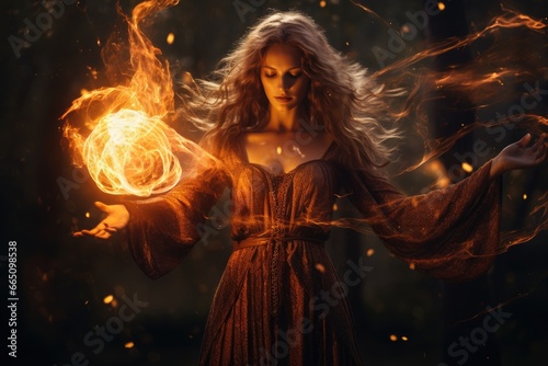 A powerful woman harnessing the energy of fire
