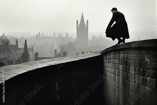 Portrait in the style of a movie still from a psychological thriller. Plot is set in post war London in the 1950's during the Great Smog. photo