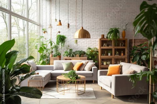 Interior of living room with sofas, tables, and houseplants.