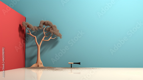 A tree in the empty room with blue wall as felled forest illustration with a tool to cutting down the tree like axe. Deforestation and the Lonely Tree background with copy space. photo