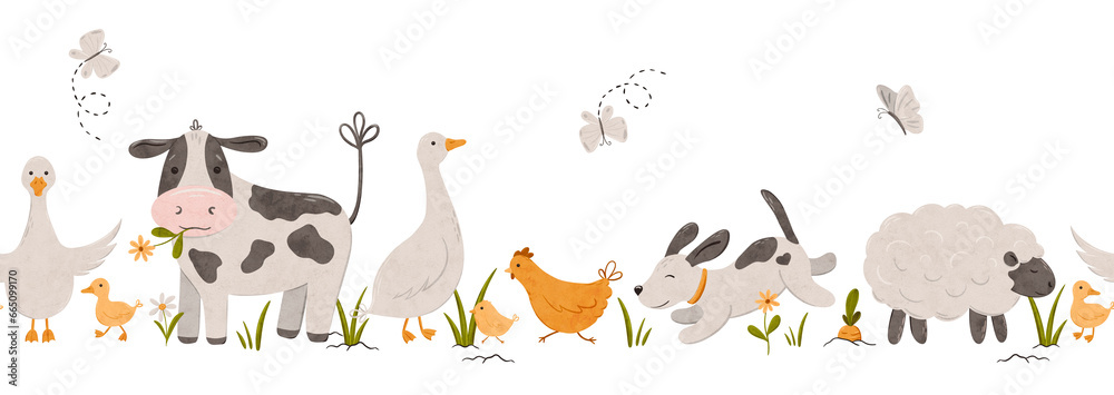 Cartoon farm animals seamless border. Domestic pets puppy, goose, cow. Perfect for textile, fabric, paper, decoration. Hand drawn digital illustration - obrazy, fototapety, plakaty 