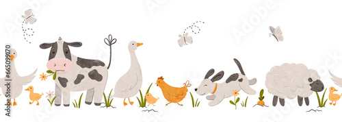 Cartoon farm animals seamless border. Domestic pets puppy, goose, cow. Perfect for textile, fabric, paper, decoration. Hand drawn digital illustration