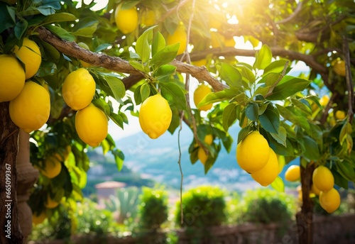 Lemons growing in a sunny garden on Amalfi coast in Italy. photo