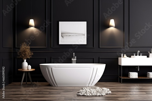 A modern bathroom with a spacious white bathtub and double sinks