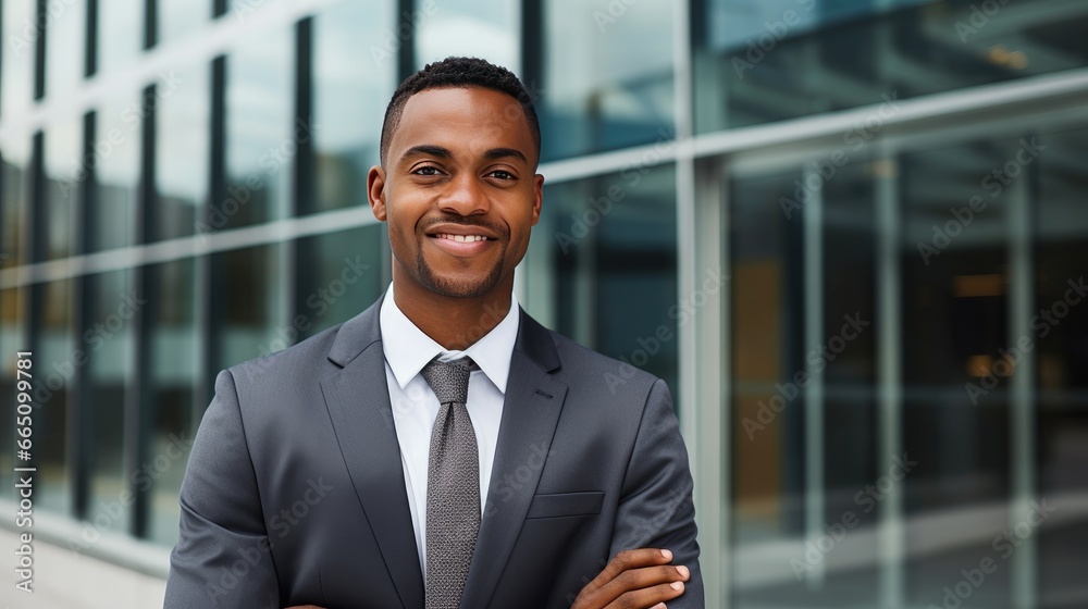 Portrait of a mid adult African American businessman in front of a modern corporate glass building Portrait of a mid adult African American businessman in front of a modern corporate glass building