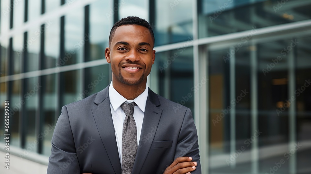 Portrait of a mid adult African American businessman in front of a modern corporate glass building