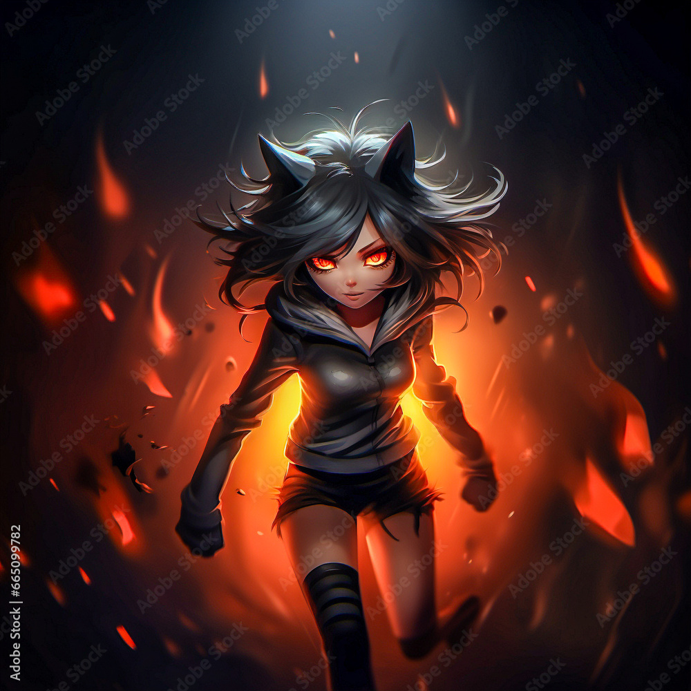 Young cat woman with fire in the background, comic character, Generative AI