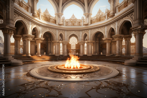 A Zoroastrian fire temple, where the eternal flame symbolizes the core tenets of the faith. Concept of divine fire. Generative Ai.