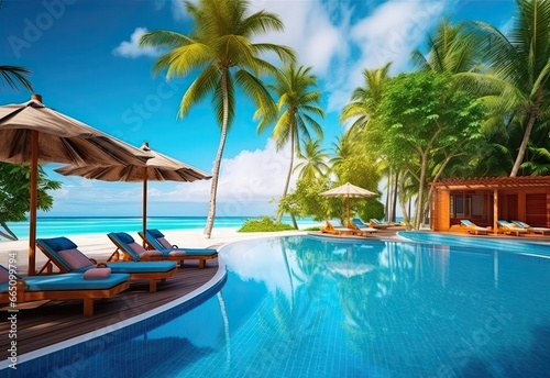 Luxurious swimming pool in front of the beach at the Caribbean resort © Sebastian