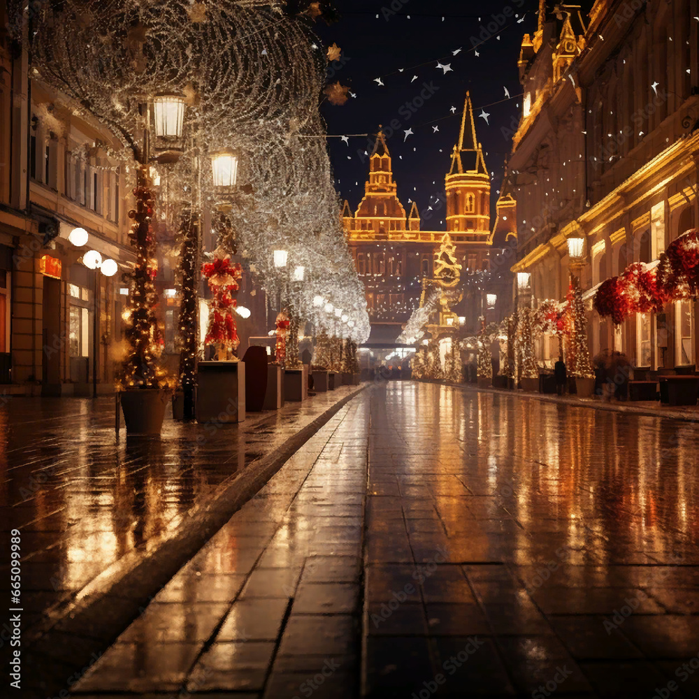 City Street Decorated for Christmas, AI Generated