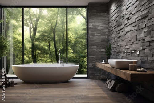A luxurious bathroom with a spacious bathtub and natural light streaming in from a window © pham