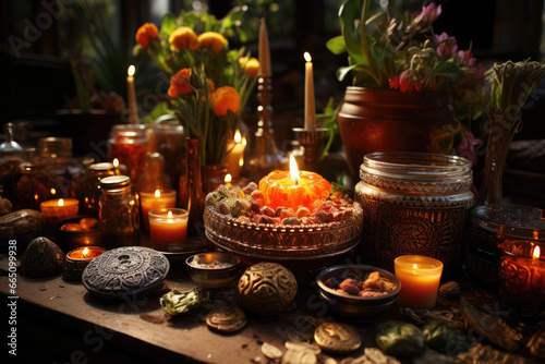 A Wiccan altar adorned with symbols of the elements, illustrating the reverence for nature and the cycles of life. Concept of elemental spirituality. Generative Ai.