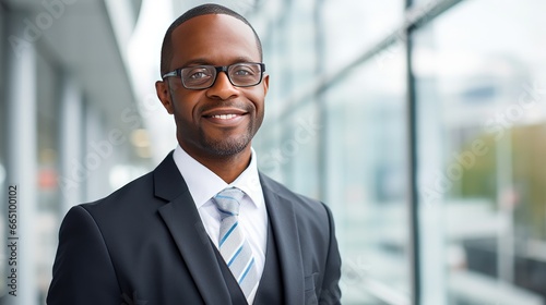 Portrait of a mid adult African American businessman in front of a modern corporate glass building