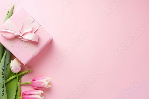 Pink gift box with ribbon bow and bouquet of tulips on isolated pastel pink background. © Anowar