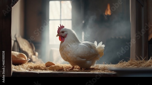 Fotografia A white hen eating in the house.Generative AI