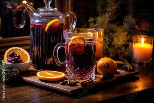 Mulled red wine with spices and citrus fruits. Traditional hot drink at Christmas time. Generative AI