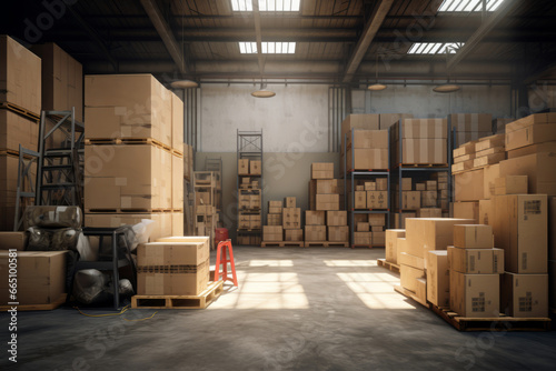 Interior of a warehouse storage with pallet truck near shelves. Generative AI
