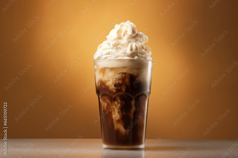 Cold root beer float with vanilla ice cream on an orange background. Generative AI - obrazy, fototapety, plakaty 