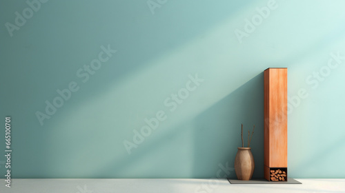 Modern wooden Home Fireplace Stove placed on Empty interior background, room with blue turquoise wall, vase with branch and window sun light 