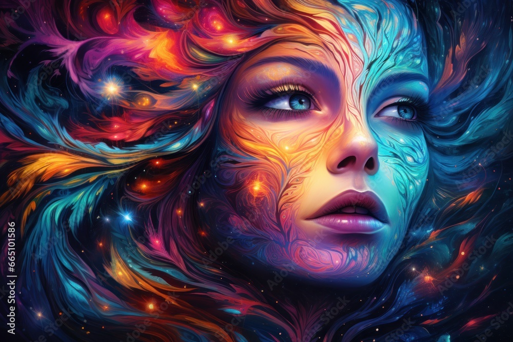 Beautiful female face formed from neon color space nebulas with stars in hair