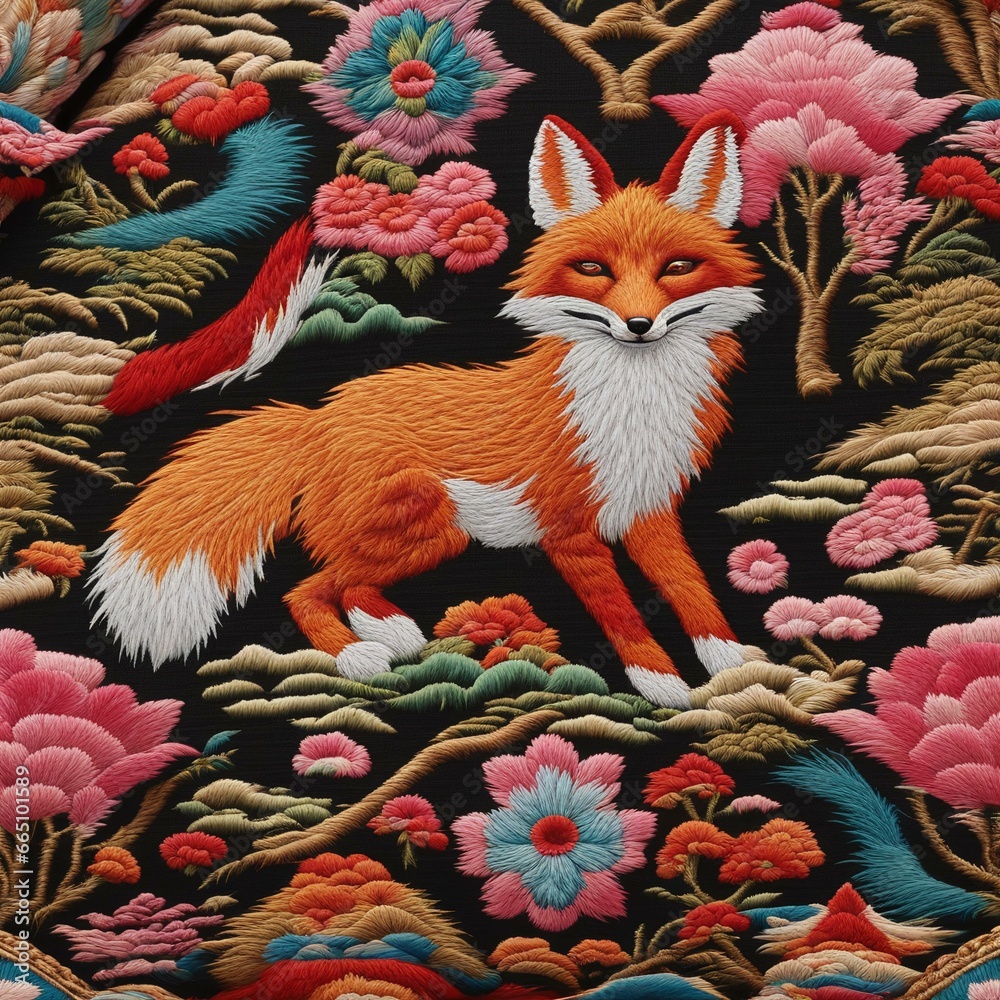 Fototapeta premium Stunning Embroidered Fox Amidst Delicate Floral Decorations on Fabric