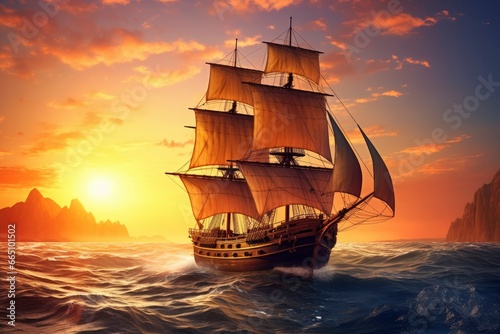 Pirate ship sailing on the ocean at sunset. Vintage cruise. © Anowar