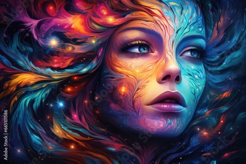 Beautiful female face formed from neon color space nebulas with stars in hair