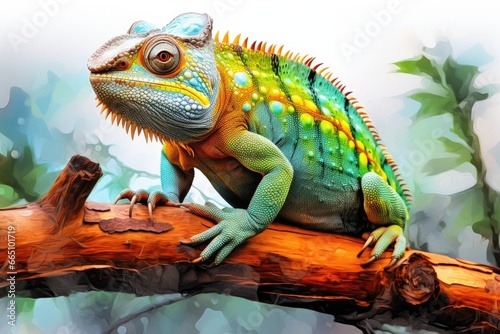 A vibrant reptile perched on a branch in a lush green forest