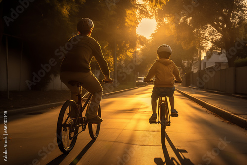 a father and son are riding bikes on a street with a sunset, in the style of dark yellow and light, father's day Generative Ai © Varitnan