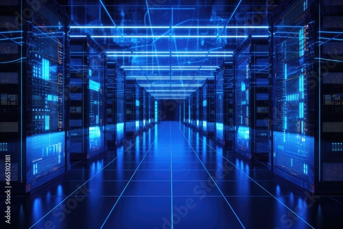 A high-tech data center filled with rows of server racks