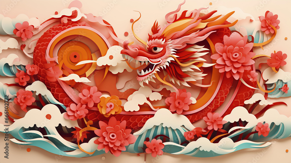 Chinese red dragon greating card. Chinese New Year Festival. Paper cut illustration style