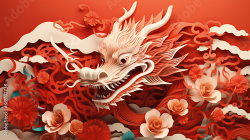 Chinese red dragon greating card. Chinese New Year Festival. Paper cut illustration style photo