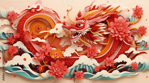 Chinese red dragon greating card. Chinese New Year Festival. Paper cut illustration style © Natali