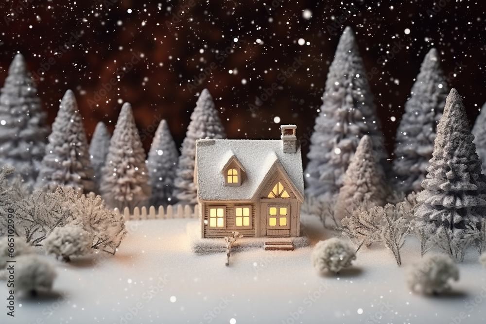 Naklejka premium Miniature toy night festive illuminated snowy city. Christmas night in a small town. Merry Christmas and happy holidays