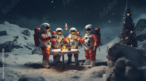 Astronauts in spacesuits celebrate Christmas on the surface of the moon. Festive table with drinks on food. Retro style illustration. Merry Christmas. Happy holidays