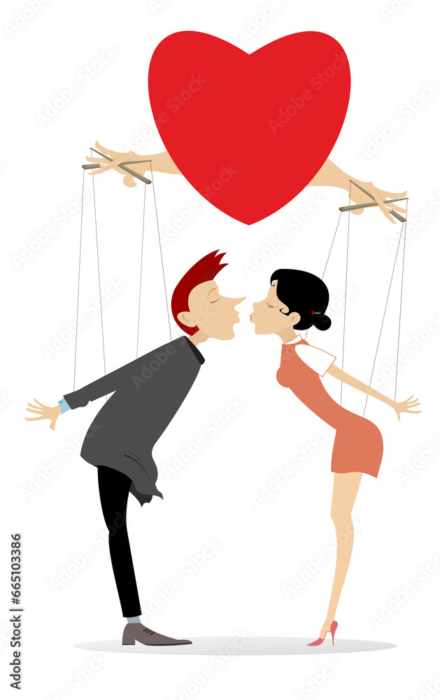 Love couple rendezvous. Hearts symbol. Young man and woman kissing one another. Isolated on white background Love couple rendezvous. Hearts symbol. Young man and woman kissing one another. Isolated on white background