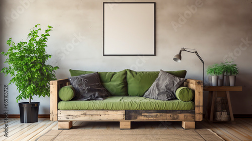 Patchwork Sofa, Upcycled Coffee Table on Reclaimed Wood Floor, Mock Up on Stencil Wall. Eco-Friendly Upcycled Living Room.