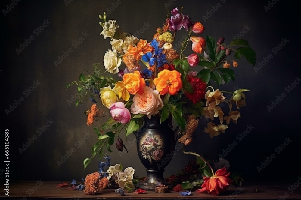 Decorative vase full of beautiful flowers. Generative AI