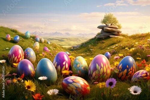 Magical Easter-themed decor with colorful Easter eggs in a field. Generative AI