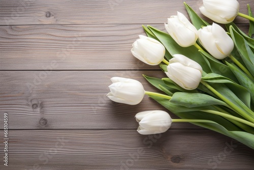 White tulips on wood table.