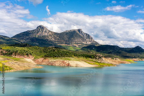 Picturesque view of mountain valley and lake in Zahara de la Sierra in Spain
