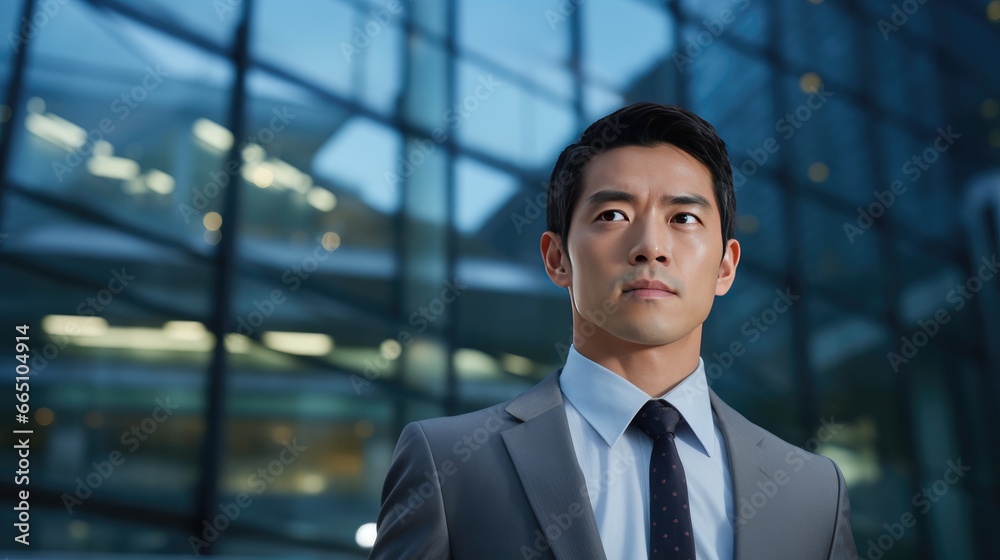 Portrait of a mid adult Asian businessman in front of a modern corporate glass building Portrait of a mid adult Asian businessman in front of a modern corporate glass building