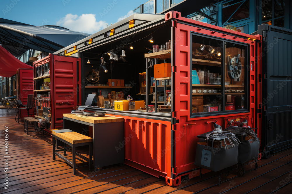 A shipping container transformed into a mobile pop-up shop for a local artisan to showcase their products on a global scale. Concept of global market access. Generative Ai. - obrazy, fototapety, plakaty 