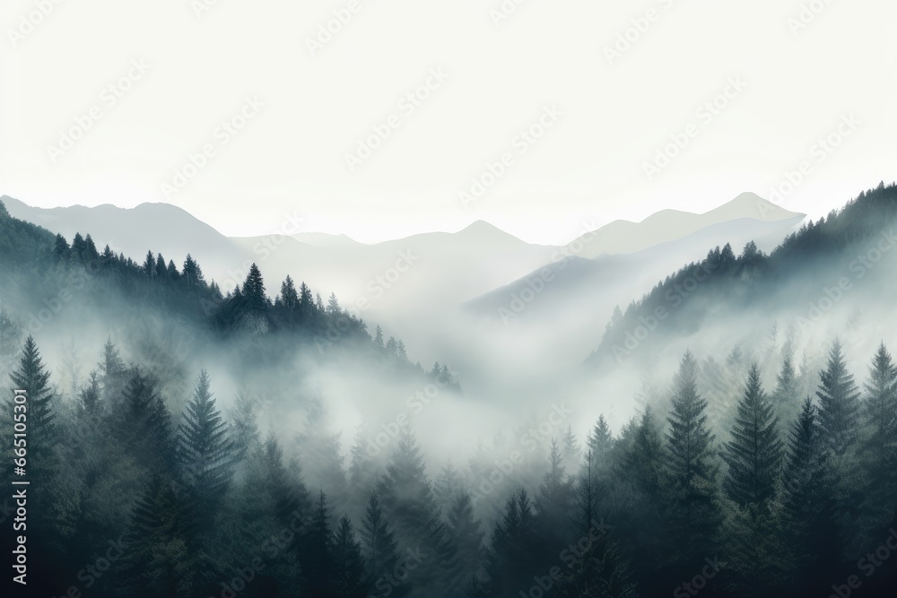 A misty woodland with a dense cluster of trees