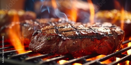 Beef ribeye steak grilling on a flaming grill.