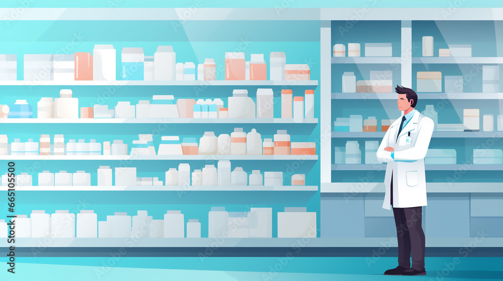 A clean and modern pharmacy interior with shelves of medicine, a pharmacist ready to assist. pharmacy background with medicine healthcare professional A clean and modern pharmacy interior with shelves of medicine, a pharmacist ready to assist. pharmacy background with medicine healthcare professional