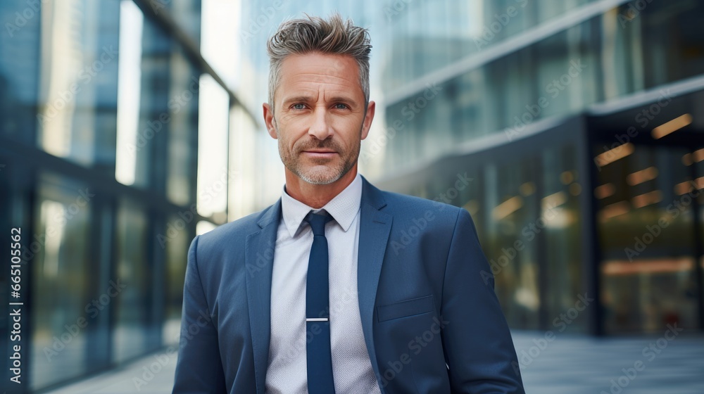 Portrait of a mid adult businessman in front of a modern glass building Portrait of a mid adult businessman in front of a modern glass building