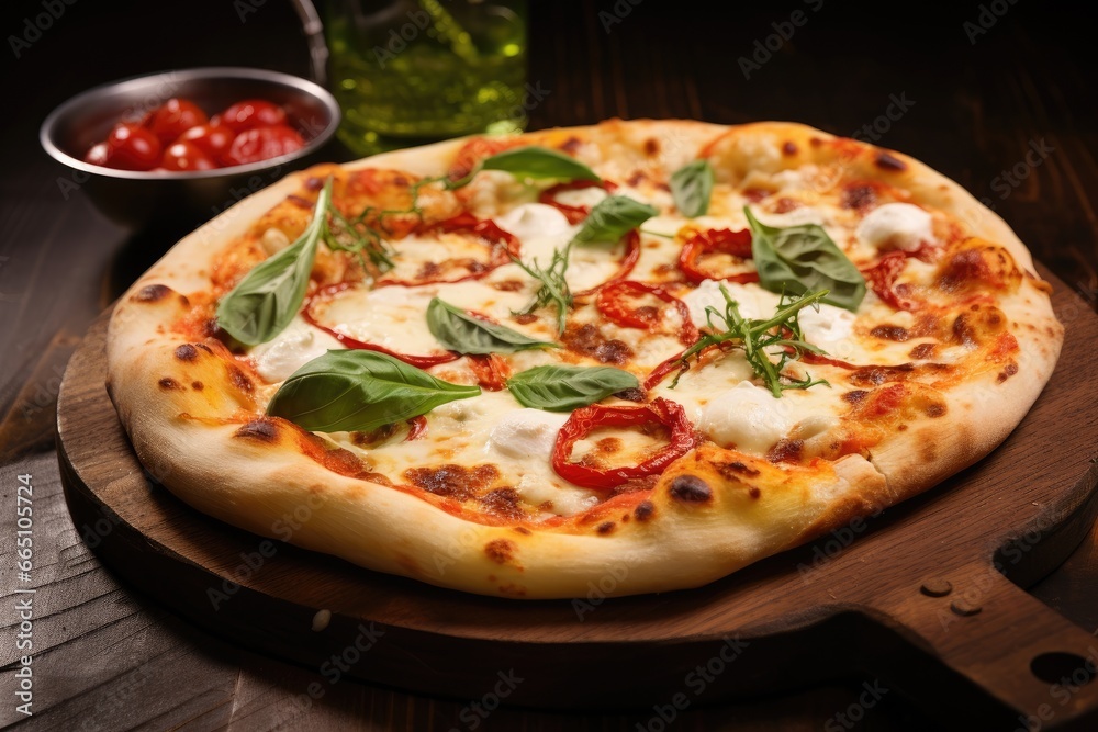 Delicious homemade pizza on a rustic wooden cutting board