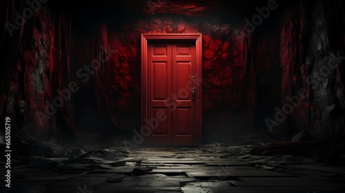 a red door in a scary room background
