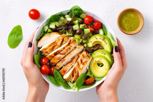 Grilled chicken meat and fresh vegetable salad of tomato, avocado, lettuce, and spinach.